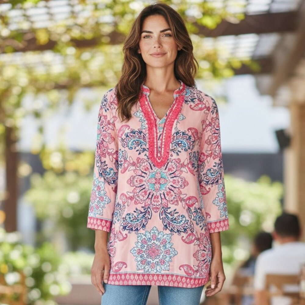 Charter Club‎ Beaded Tunic Top Sz M Pink Multicolor #359B